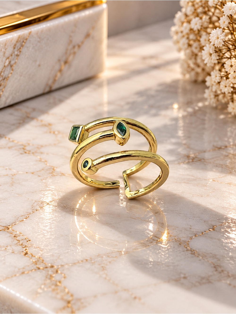 Gold Filled Adjustable Green Stone Spiral Ring - Women Jewelry